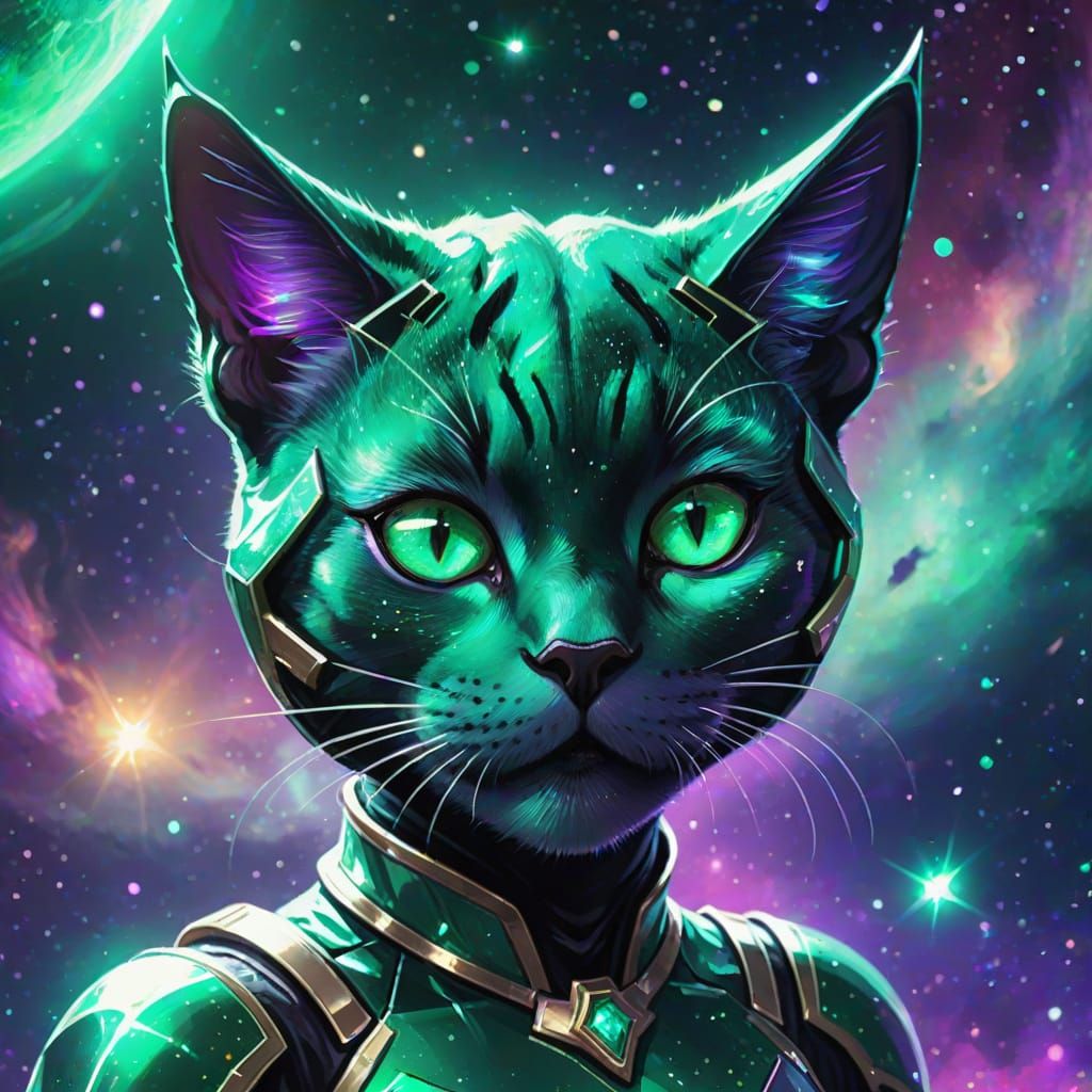 Emerald Cat Woman Floating in Space: Sci-Fi Art