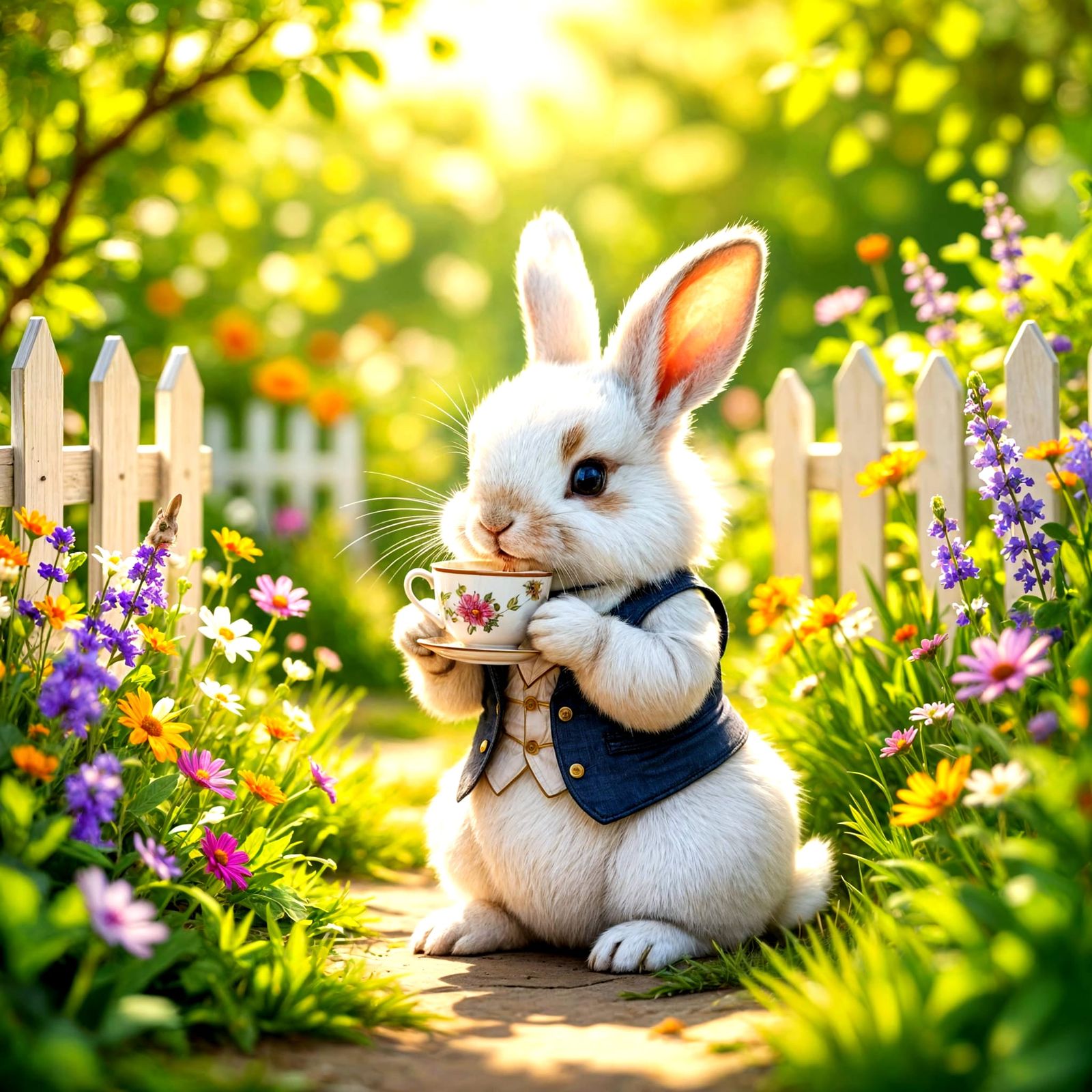 Rabbit Enjoys Tea in a Serene Country Garden