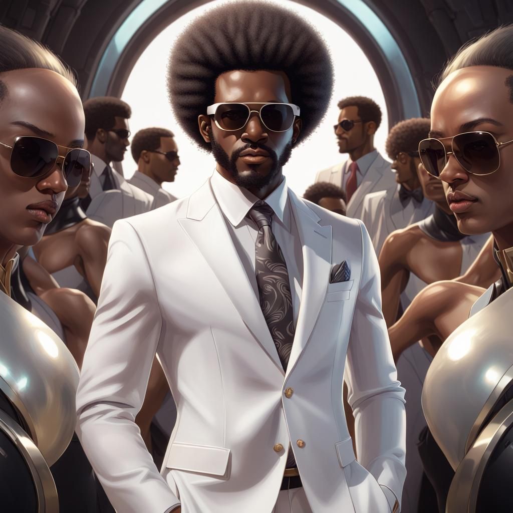 Stylish Black Man Portrait with Afro in White Suit
