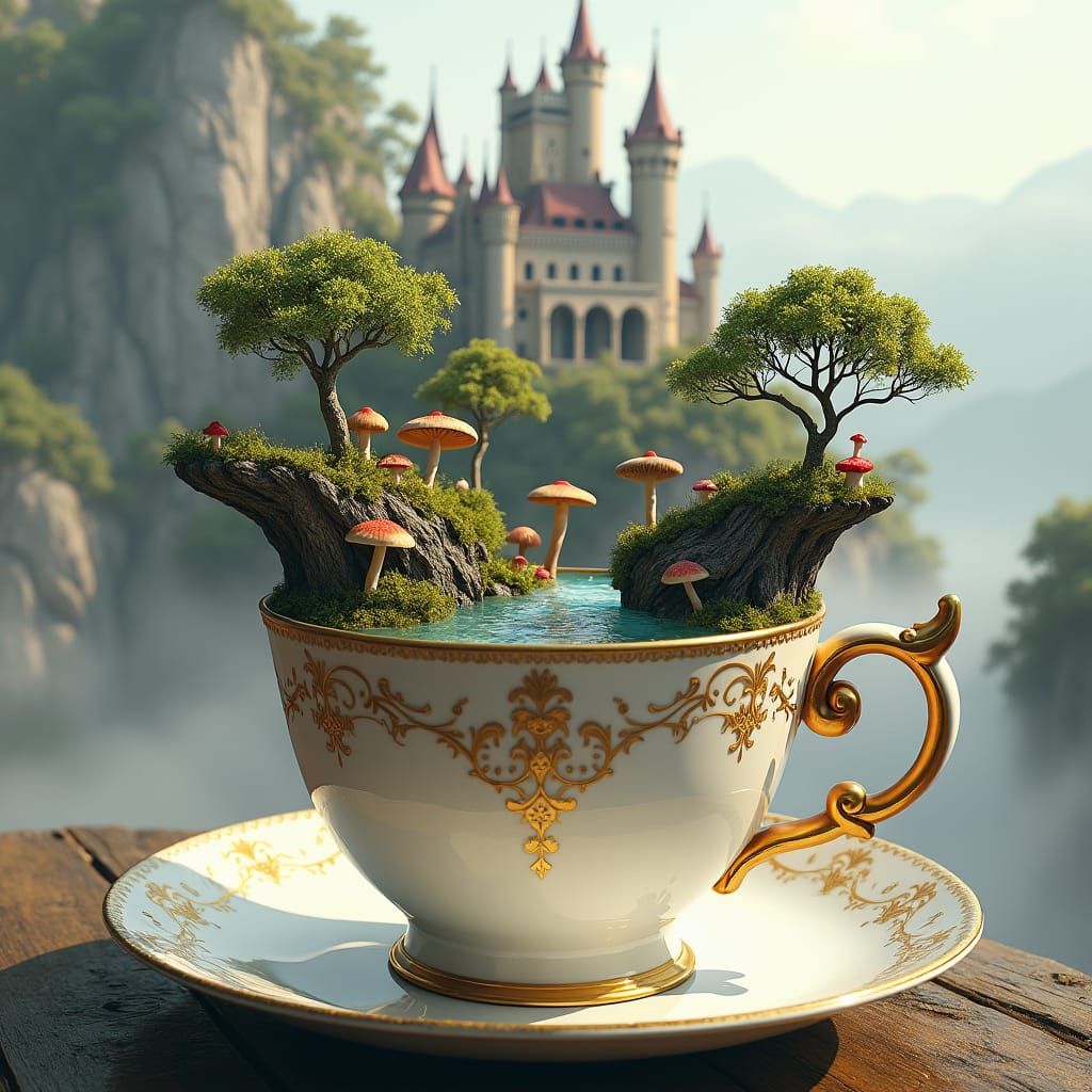 Floating Islands and Castle in Teacup, Digital Art