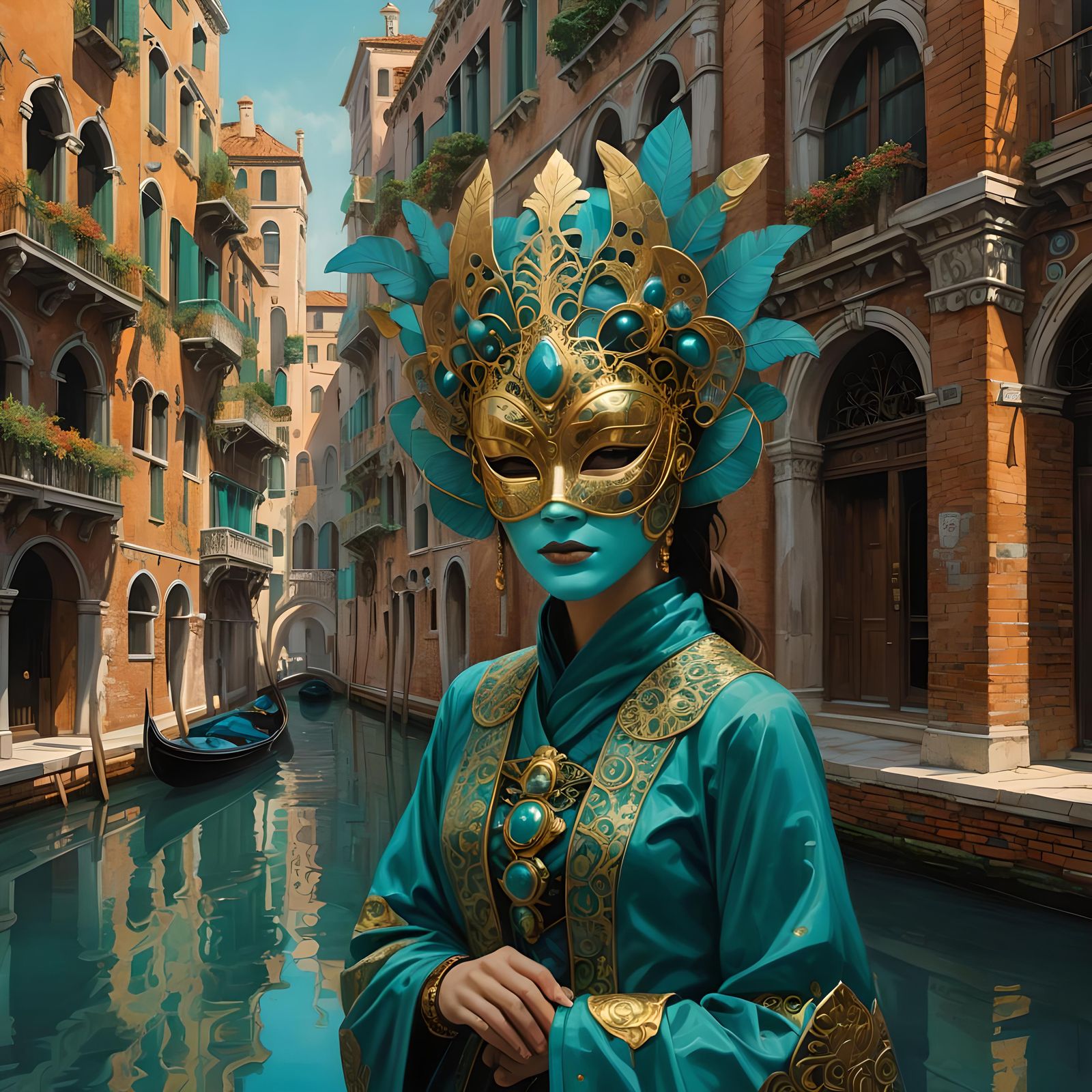 Woman with Elaborate Mask in Cloisonnist Style