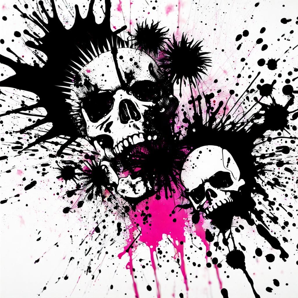 Vibrant Punk Art with Ink Splatter and Skulls