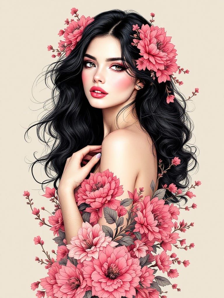 Mysterious Woman Enveloped in Vibrant Floral Arrangements