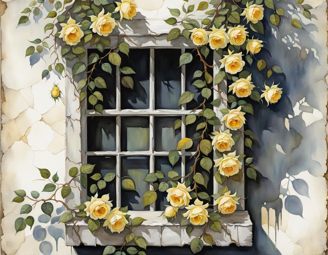 Shabby Chic Window with Yellow Roses