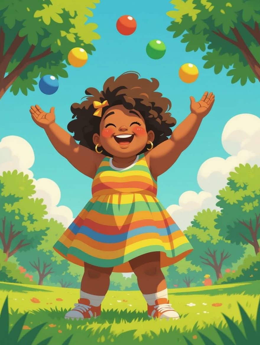 Girl Juggling Balls in Sunny Park, Pixar-style