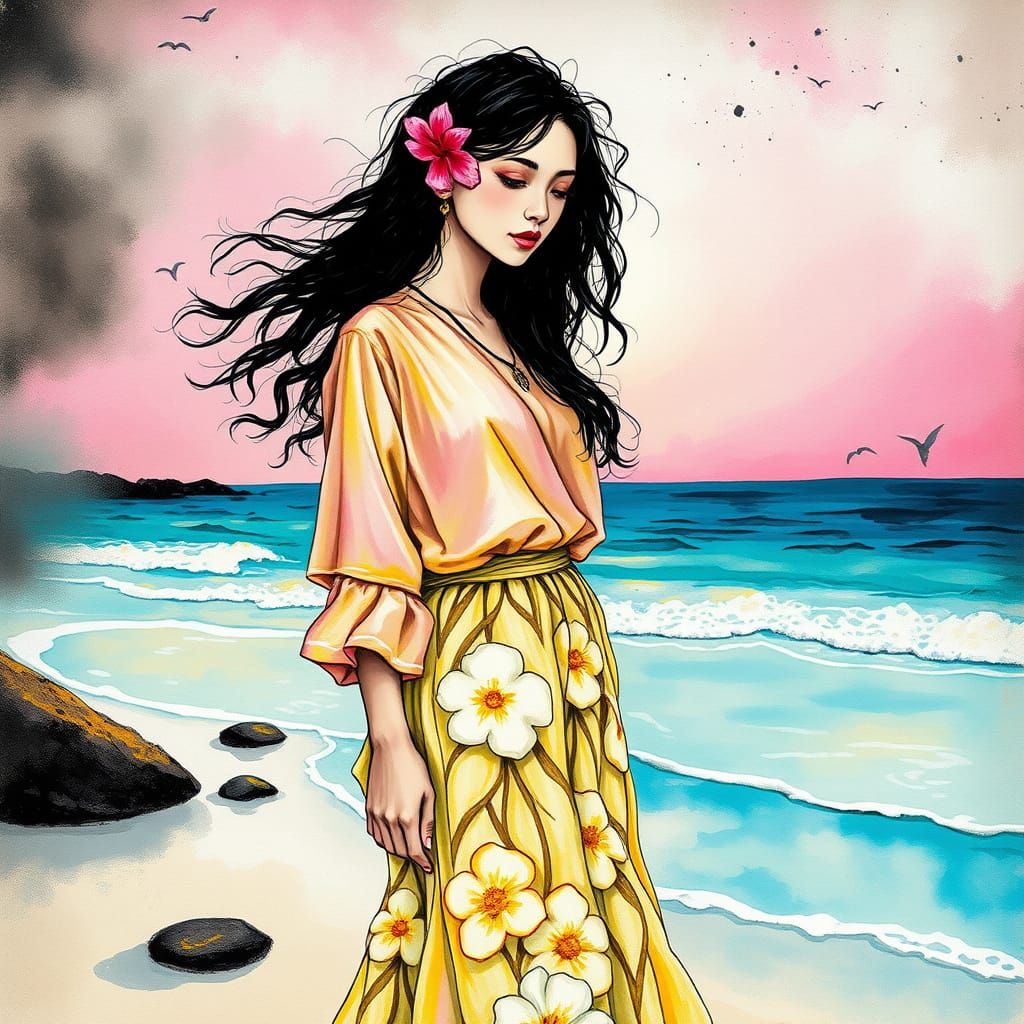 Mystic South Sea Woman on Fantasy Beach in Ink Style
