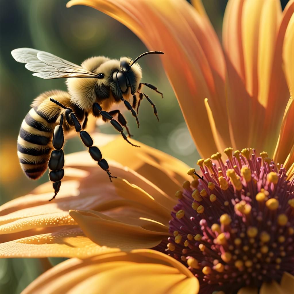 A close-up cinematic 24K shot of (a nectar-rich flower:3) and (a single bee:4) (pollinating:2) it, shows the bee very de...