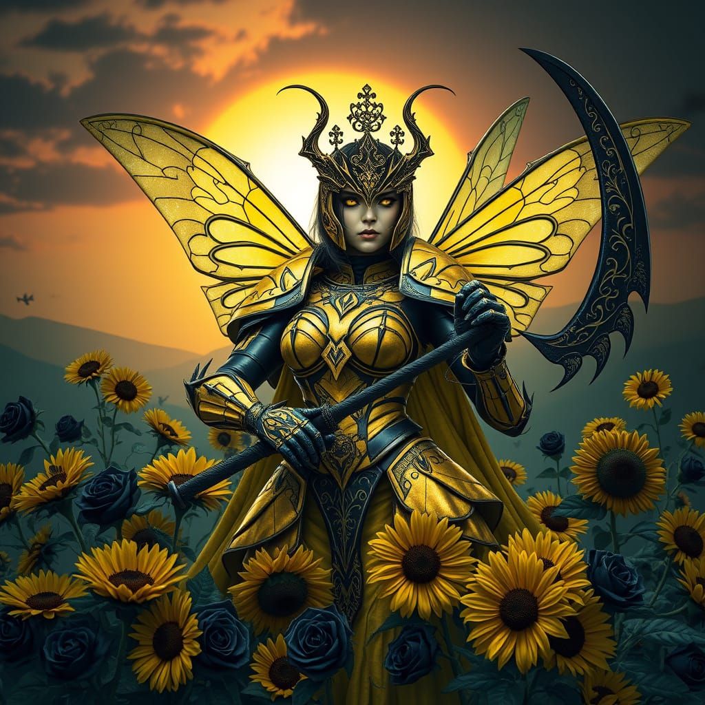 Gothic Bumblebee Battle Queen with Iridescent Armor and Dark...