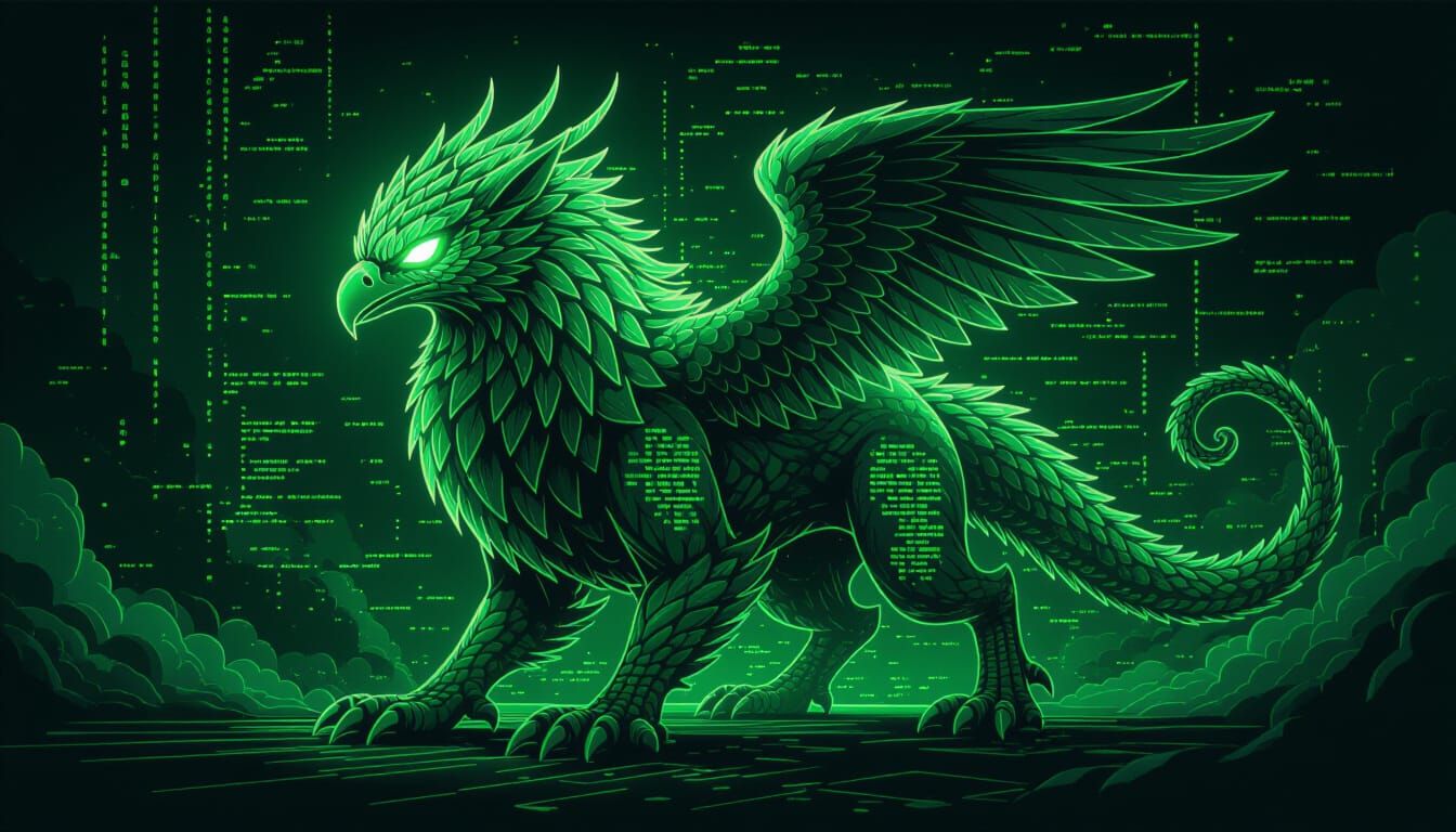 Mythical Creature Made of Glowing Green Code