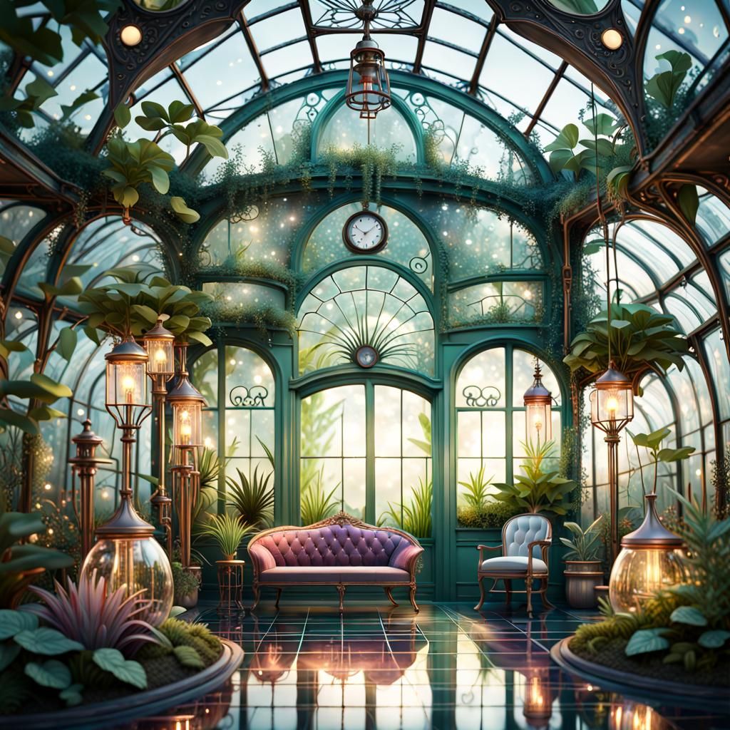 Steampunk Greenhouse Salon in Art Nouveau Style