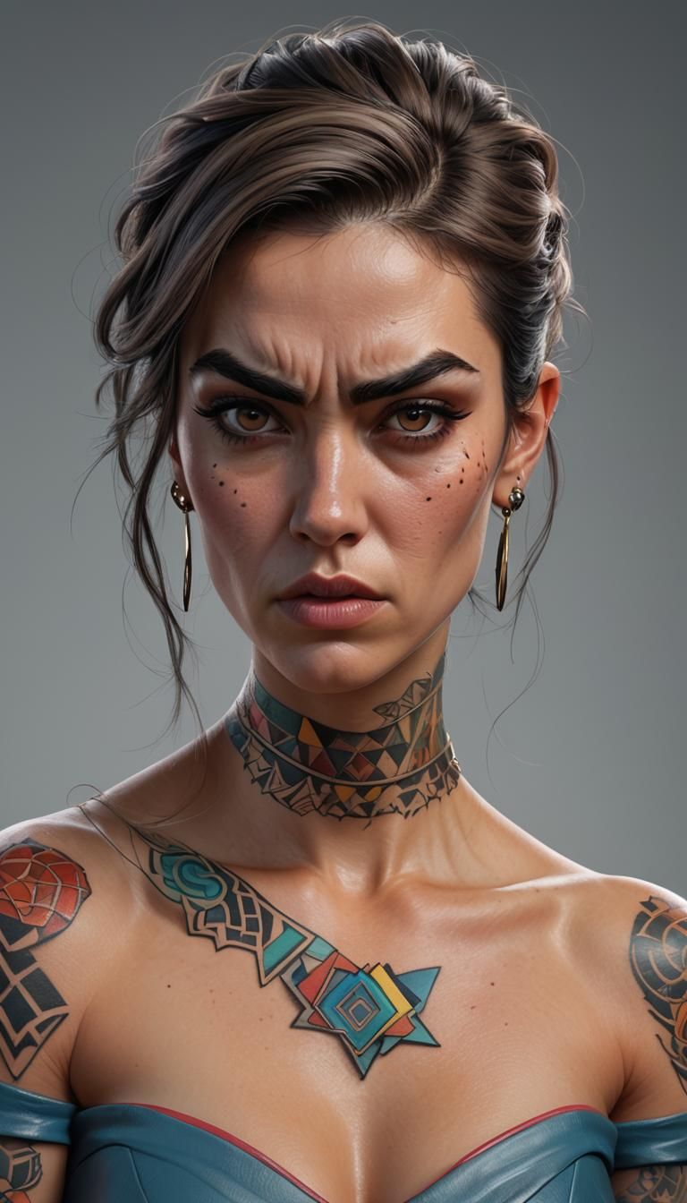 Geometric Tattooed Woman: Vibrant 3D Digital Art