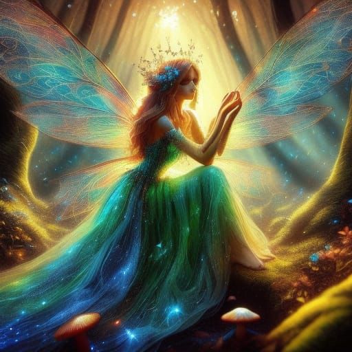 Ethereal Fairy on Mushroom in Sun-Dappled Forest