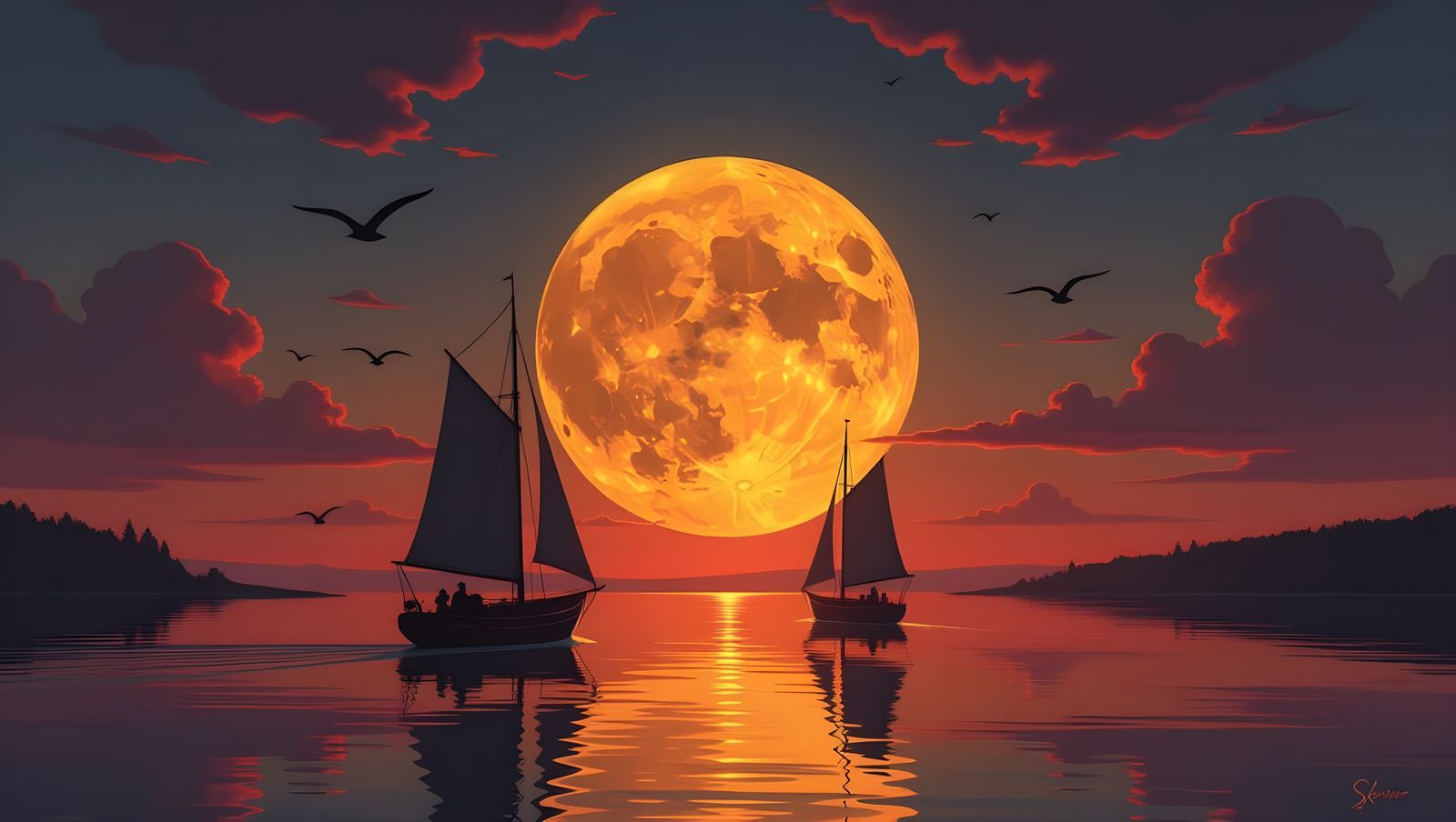 Majestic Bronze Moon Over Tranquil Bay