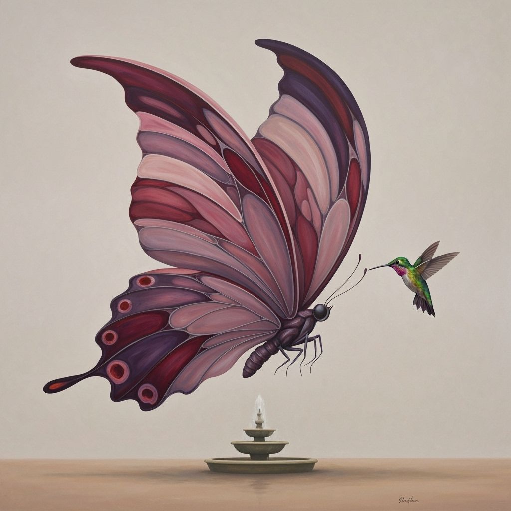Abstract Butterfly in Flight with Hummingbird Companion