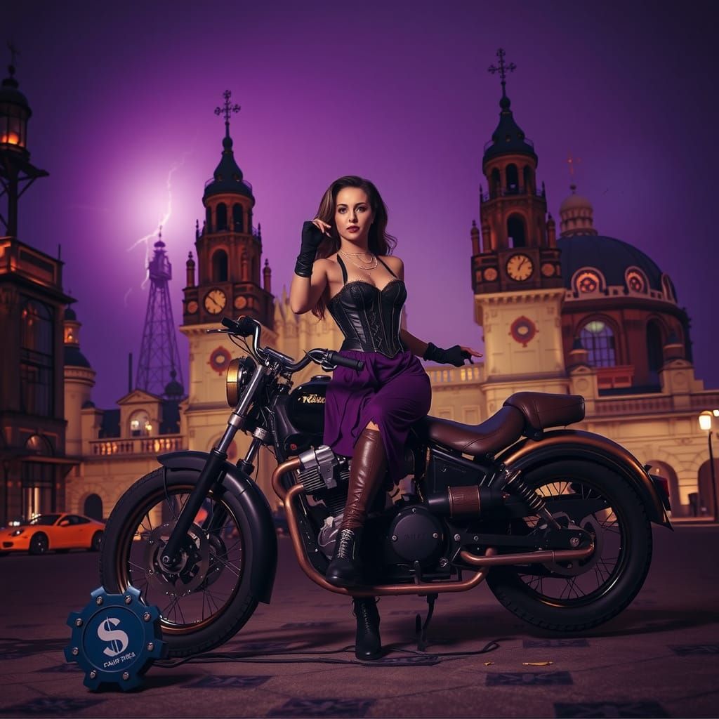 Steampunk Woman on Bronze Motorcycle in Syd Mead Style