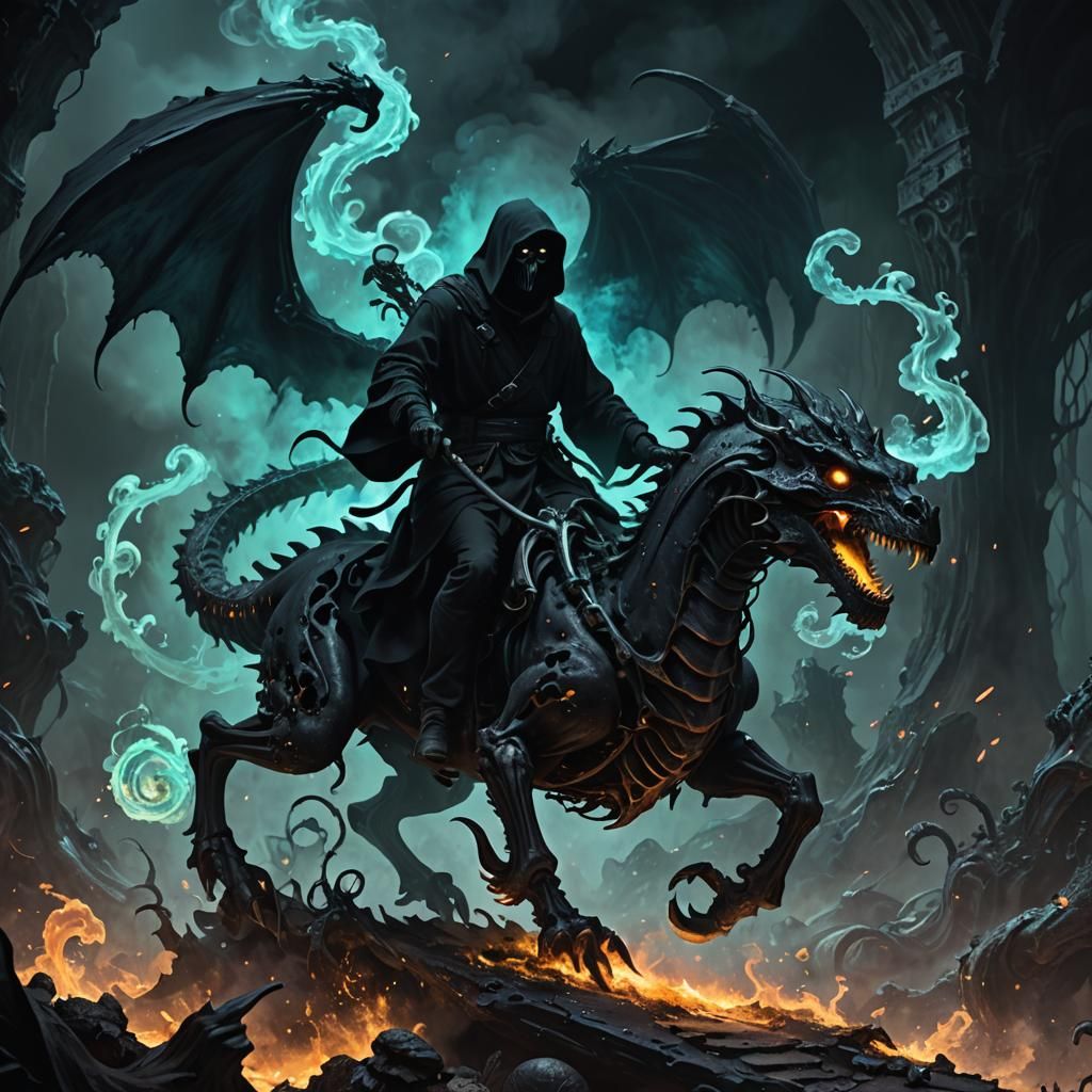 Grim Reaper on Smoke Dragon in Dark Fantasy Art