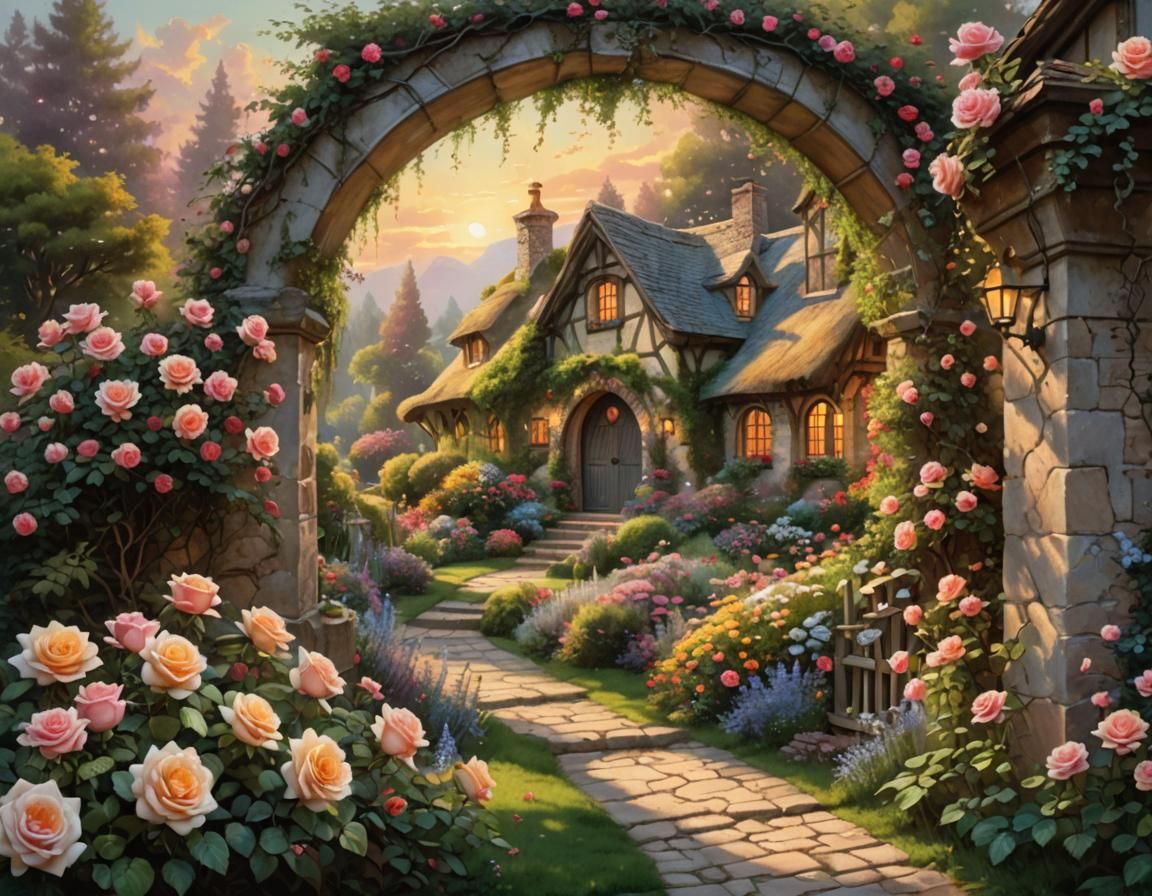 Rose Archway to Cottage Garden: Watercolor Art