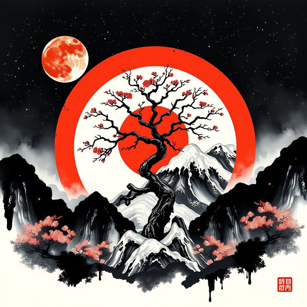 Mystical Ink Painting of Yin Yang Symbolism in Japanese Fore...