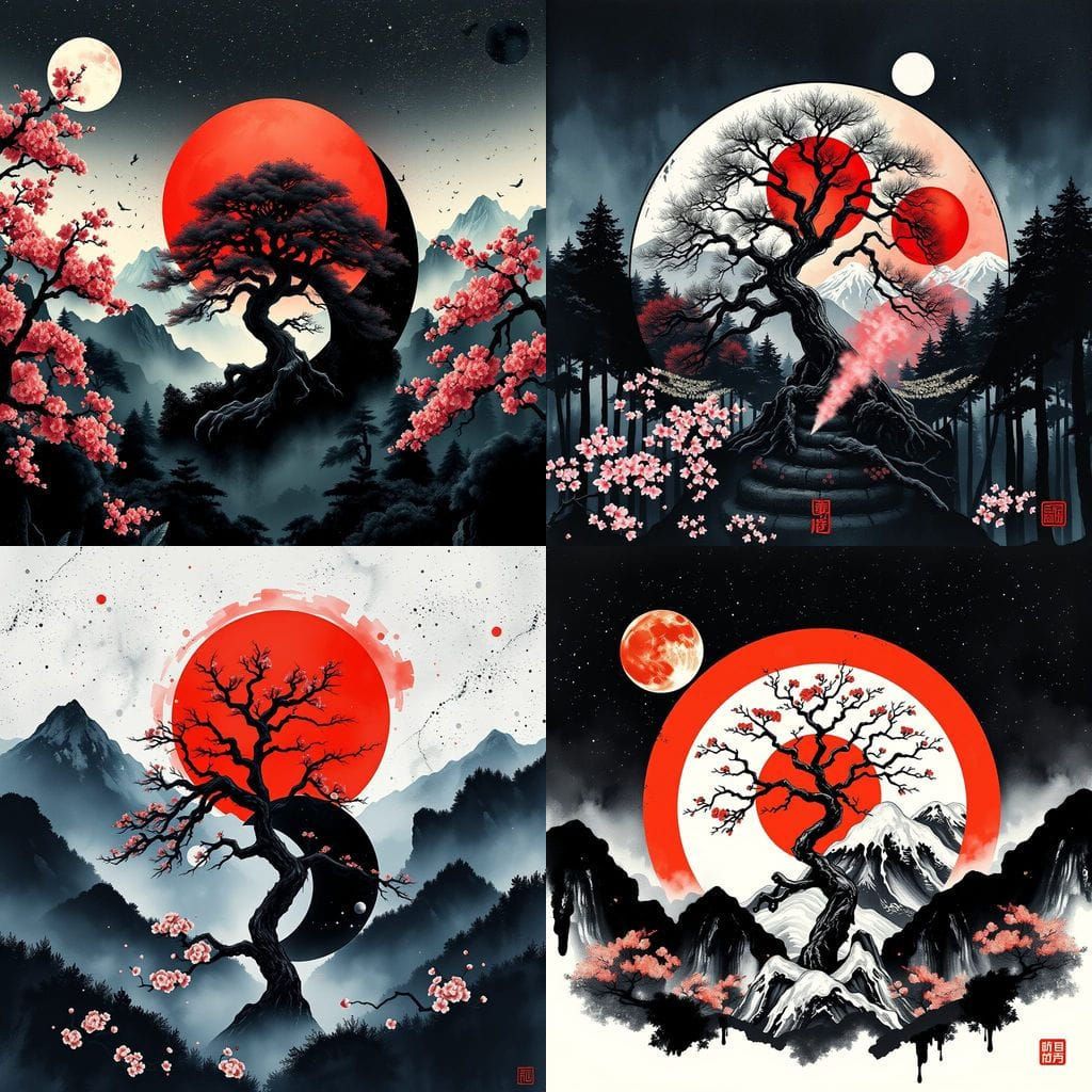 Surreal Ink Painting of Wudang Mountain at Night