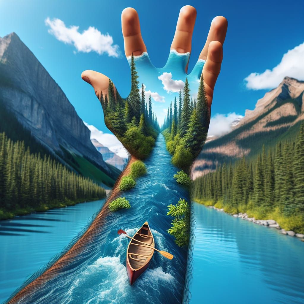 Hand Reaching for Azure Sky Over River