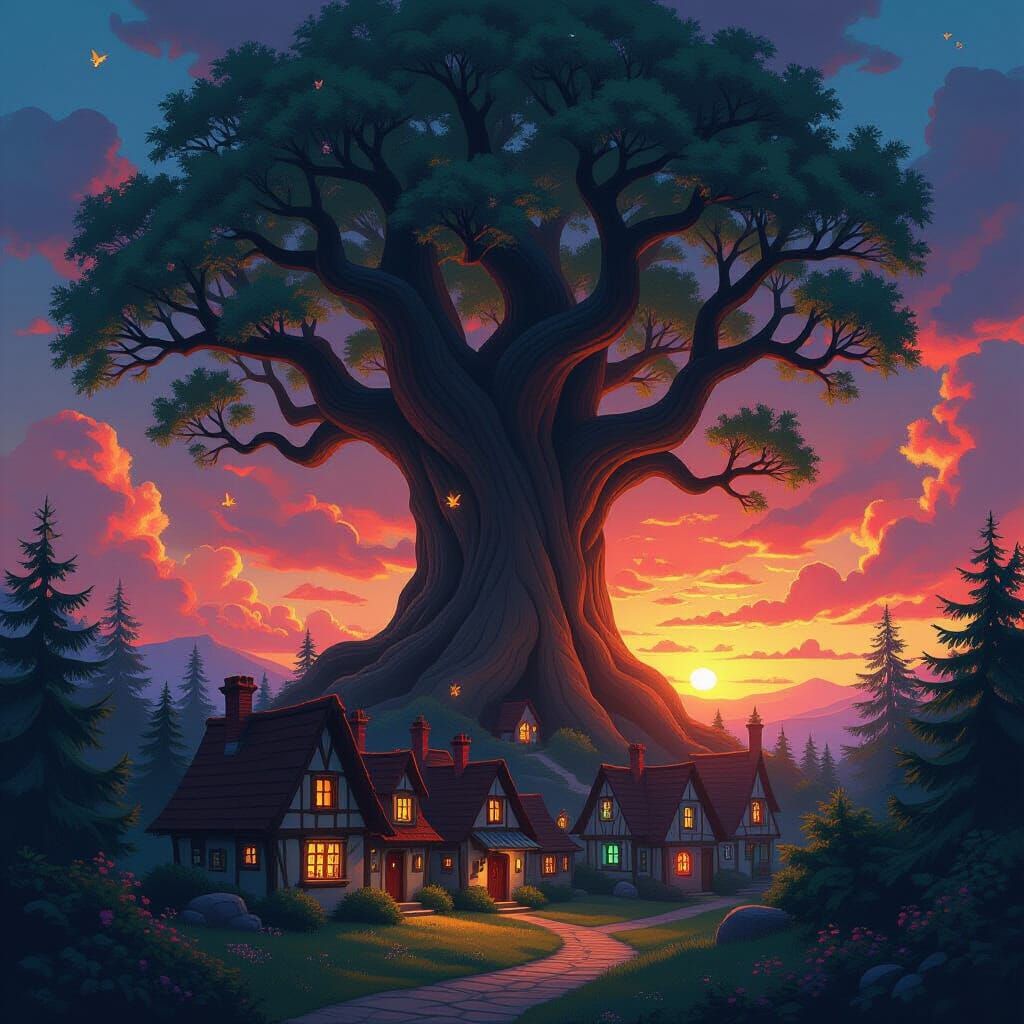 Village Under Ancient Tree: Fantasy Concept Art