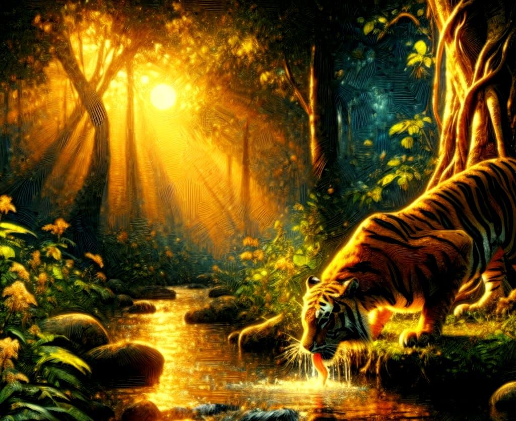 Tiger Drinking at Sunset in Impasto Style