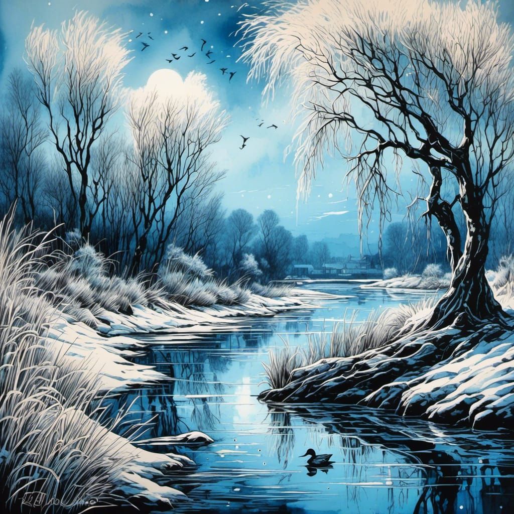 Monochrome Blue Lakeside Scene with Ice Sculpture