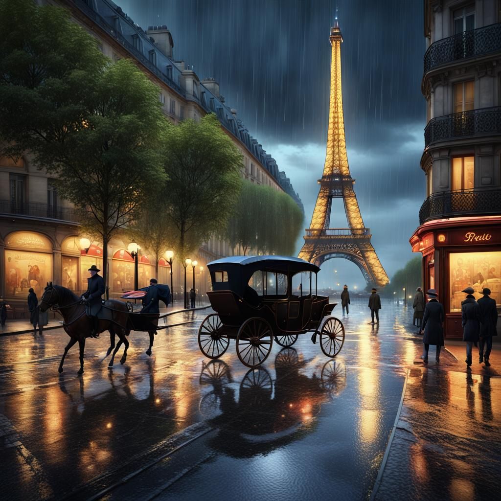 Rainy Night in Paris Street Scene