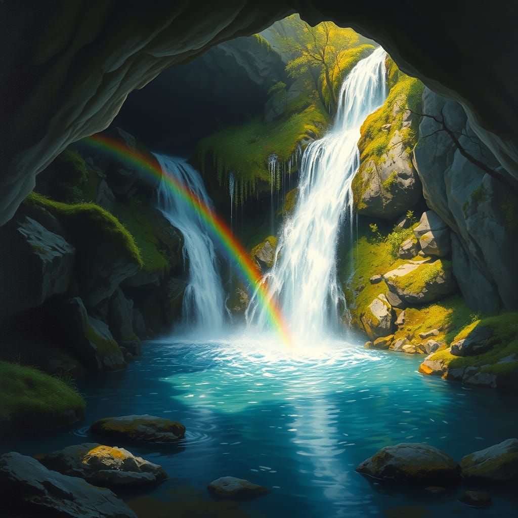 Romantic Landscape of Secluded Grotto with Hidden Waterfall