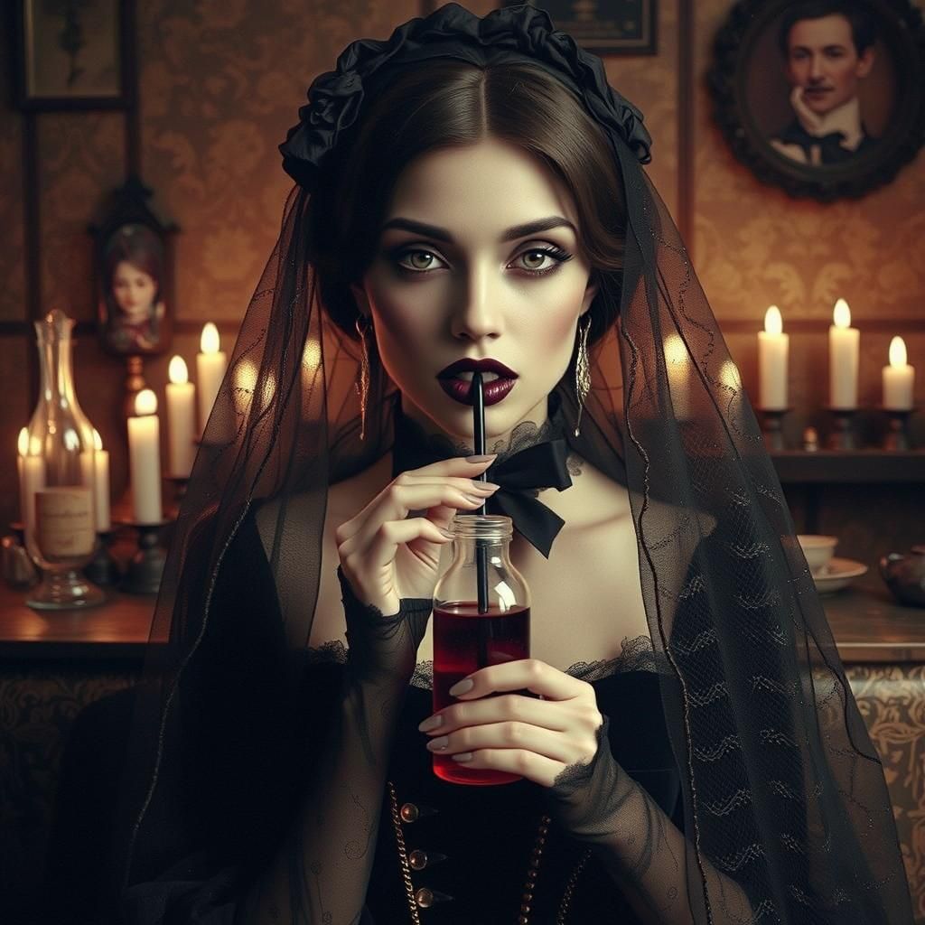 Vampire Woman Drinks in Candlelit Cafe