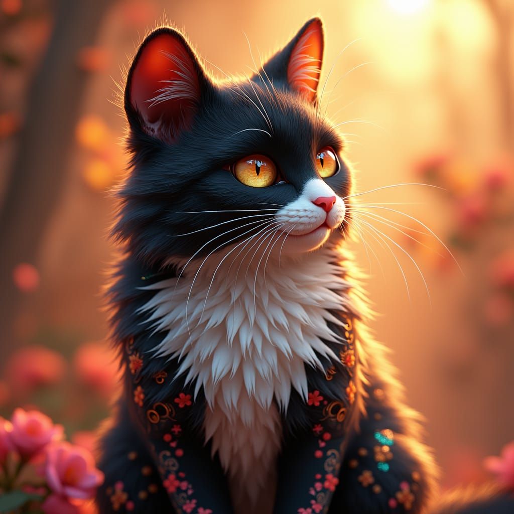 Majestic Long-Haired Tuxedo Cat Amidst Whimsical Flowers in ...