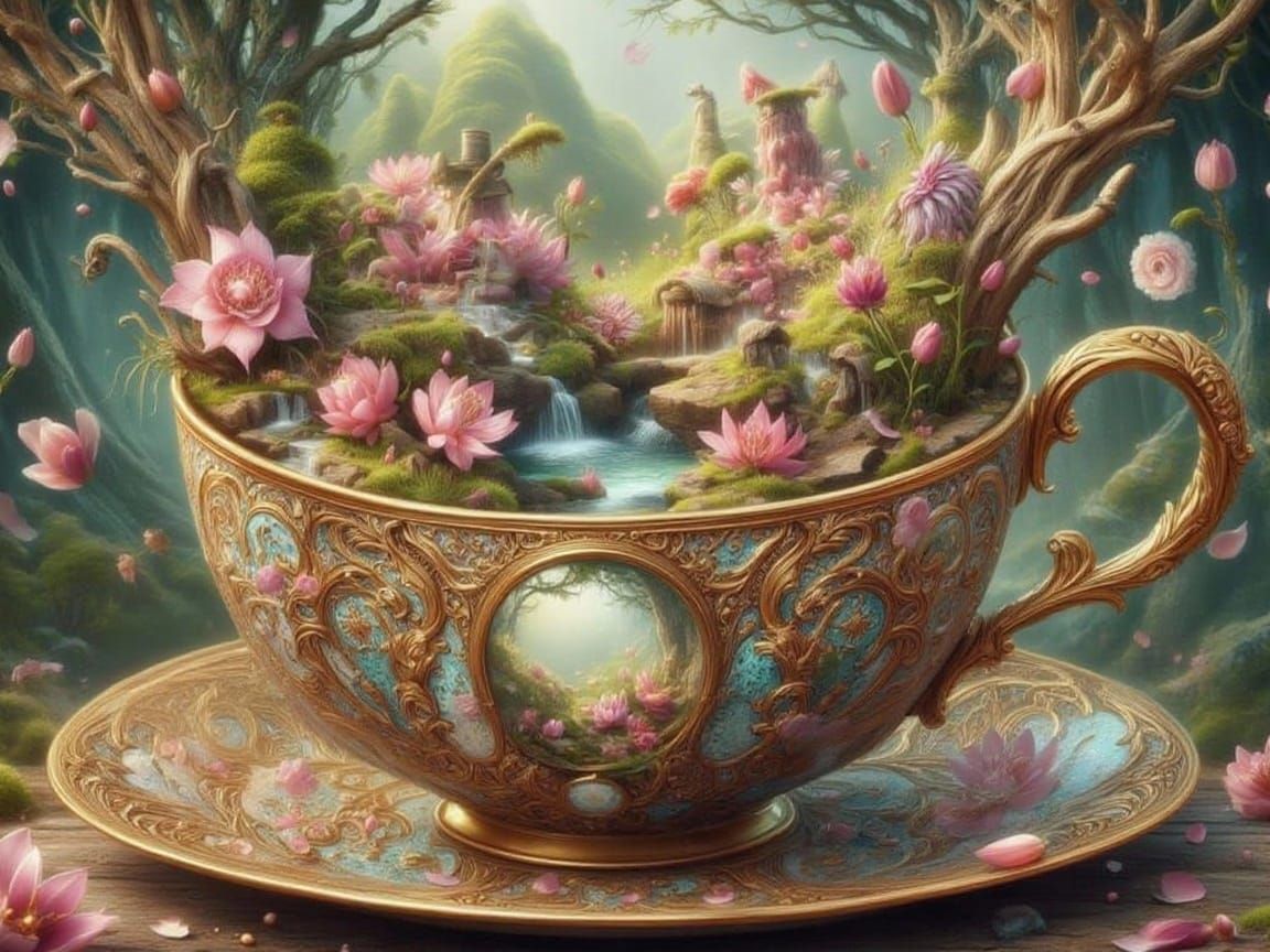 Ornate Teacup Reveals Miniature Kingdom with Squirrel