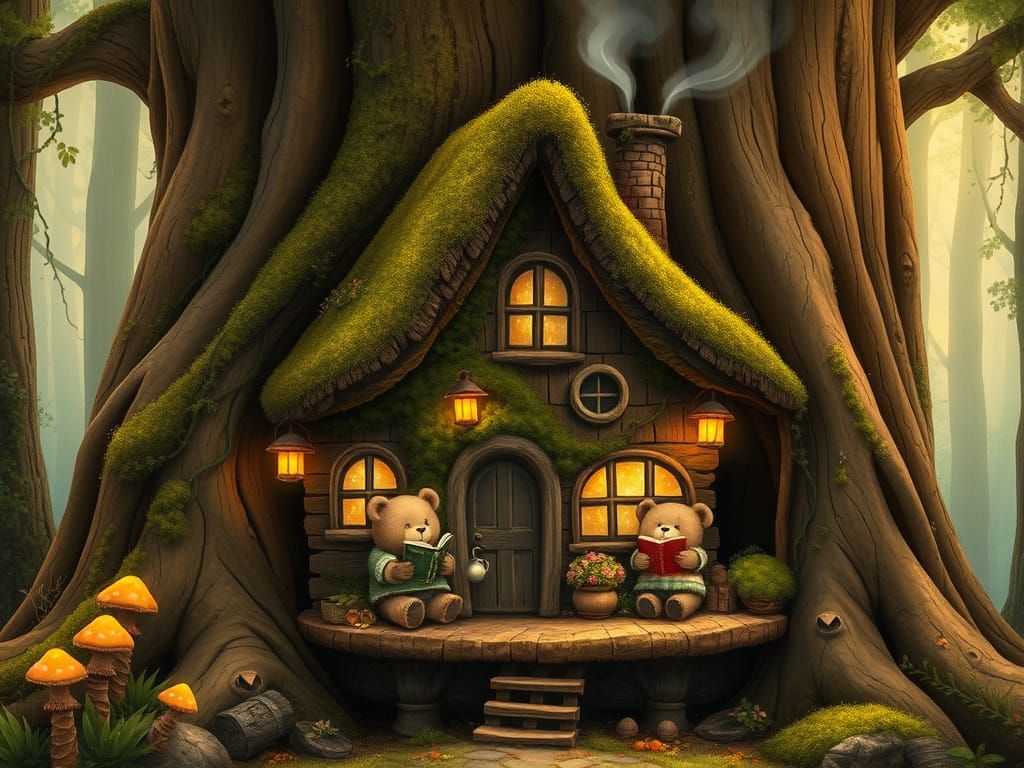 Enchanted Forest Cottage with Bears, Ghibli-Inspired