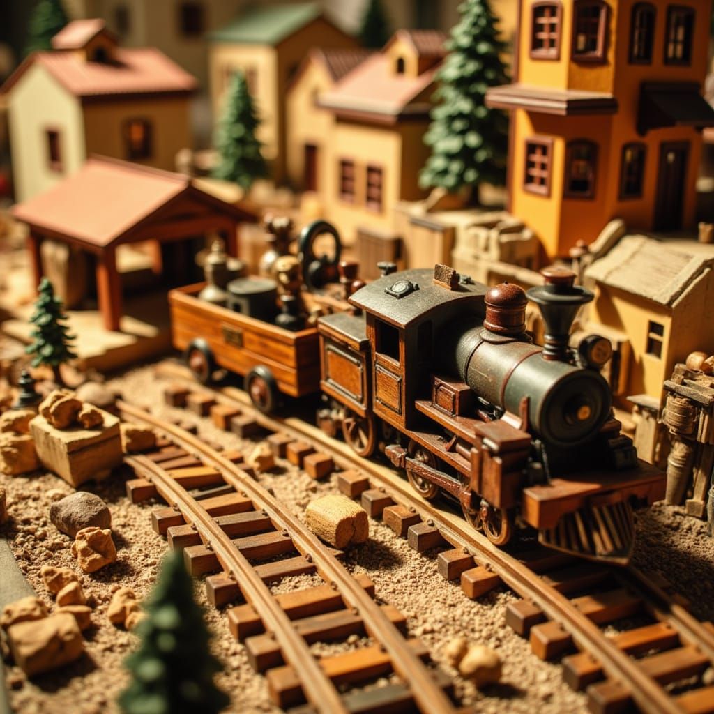 Realistic Wooden Toy Train on Model Railway Tracks