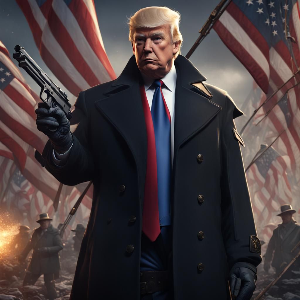 Man in Trench Coat Holding Gun with Flags