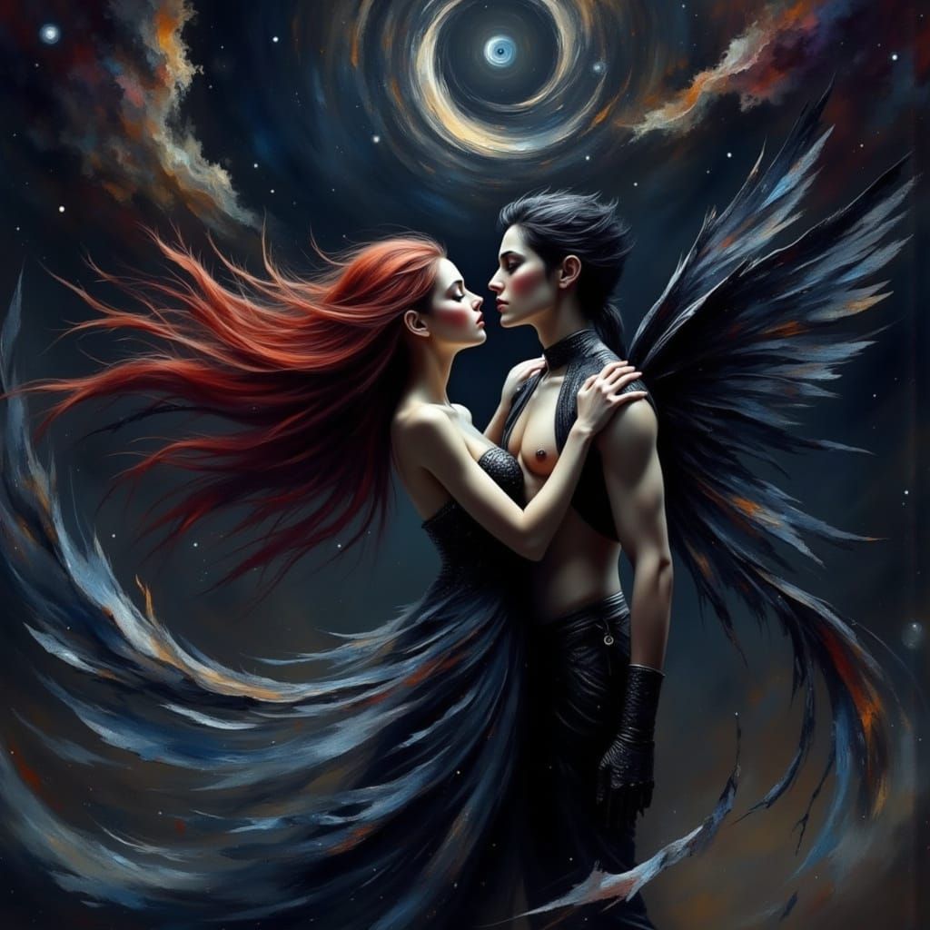 Druid Witch Dancing with Fae Lover Under Starry Sky