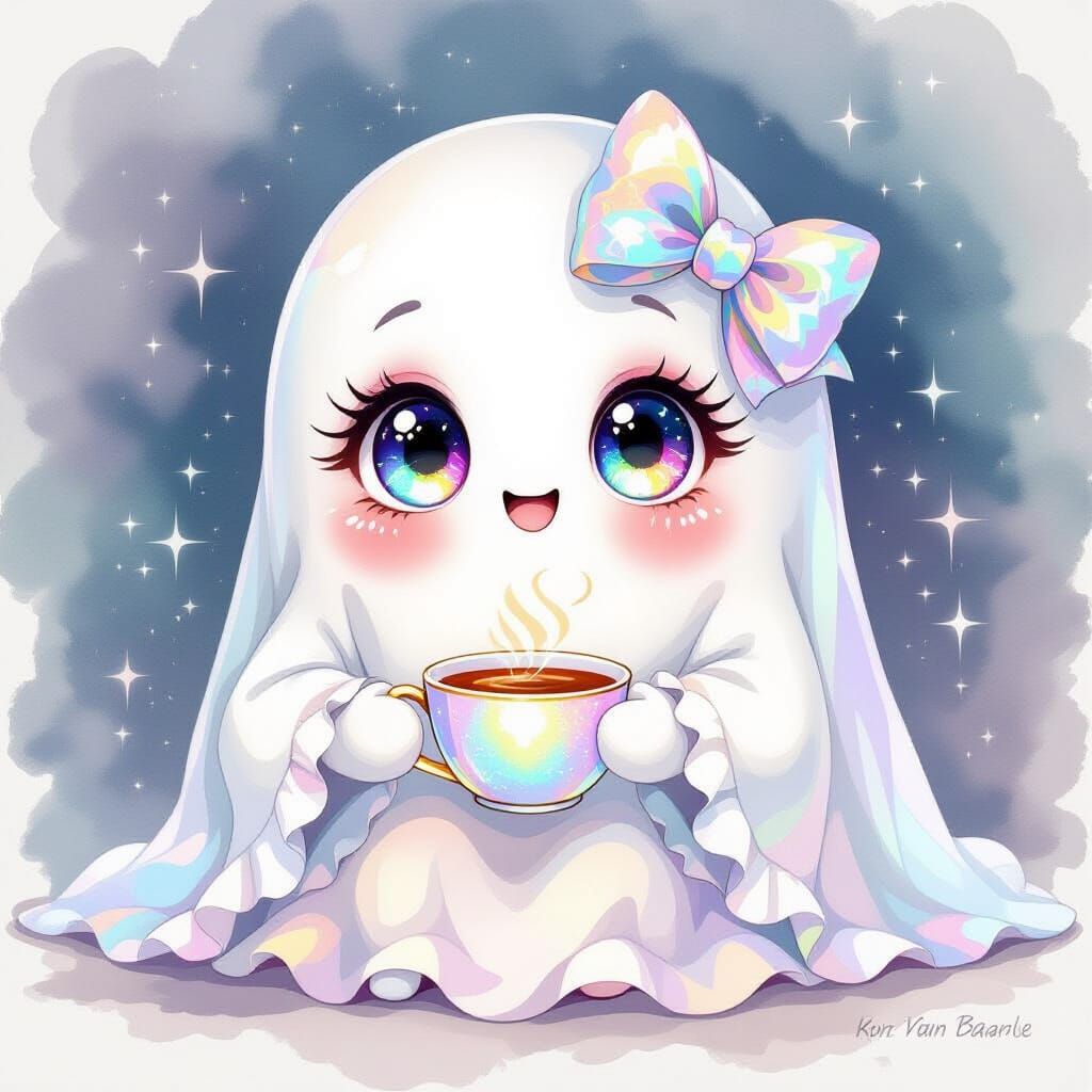 Kawaii Ghost With Sparkly Eyes Holding Tea