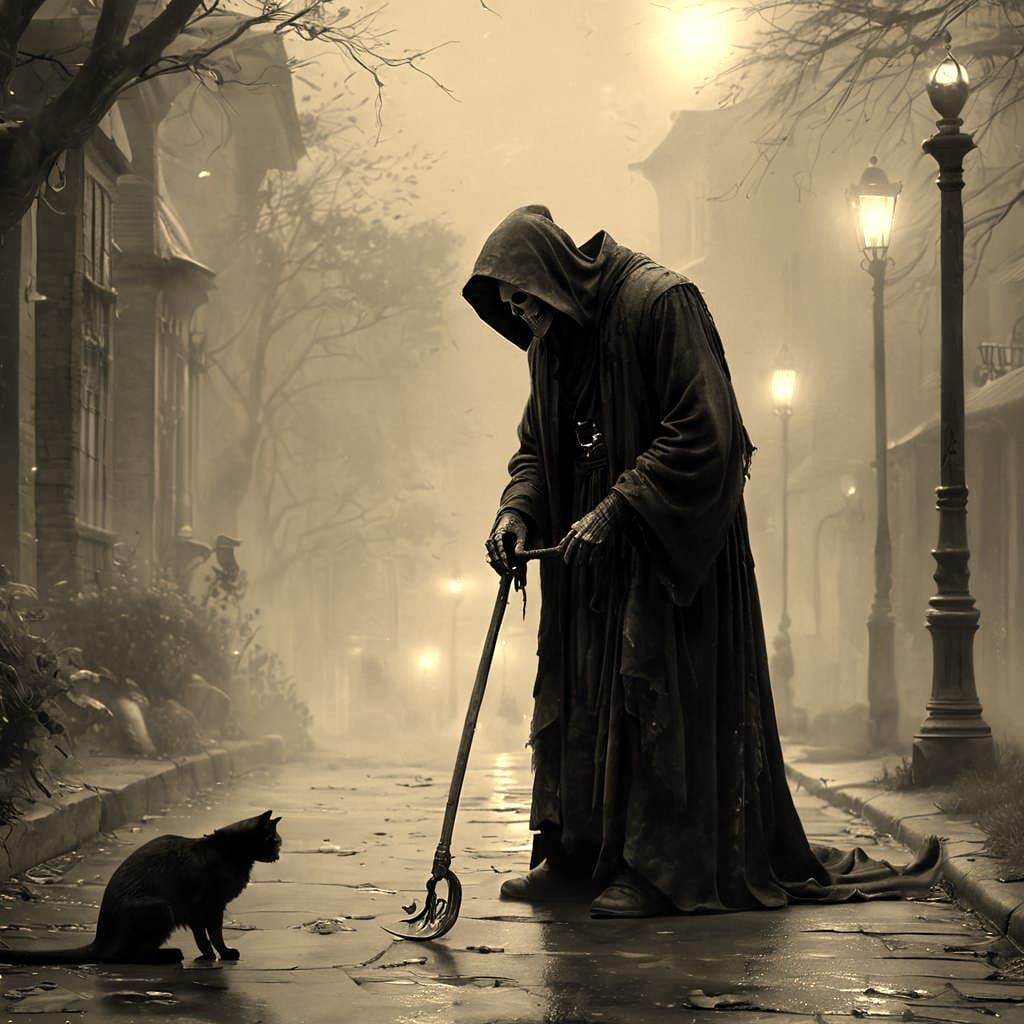 Grim Reaper Explaining Something to a Cat