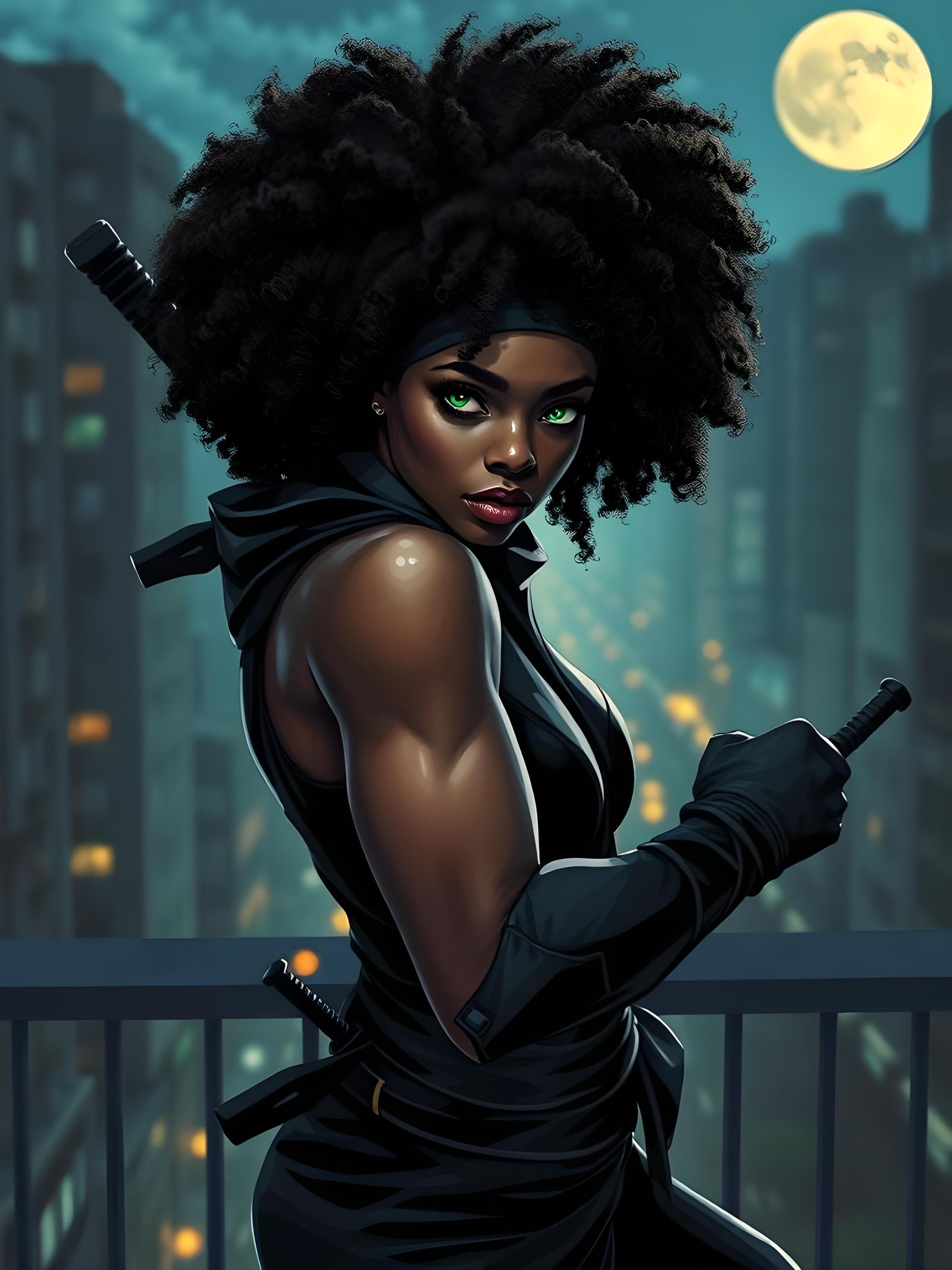 Green-Eyed African Ninja Woman Illustration