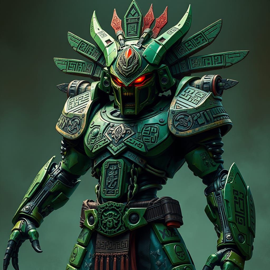 Menacing Mayan Space Warrior in Mechanized Armor