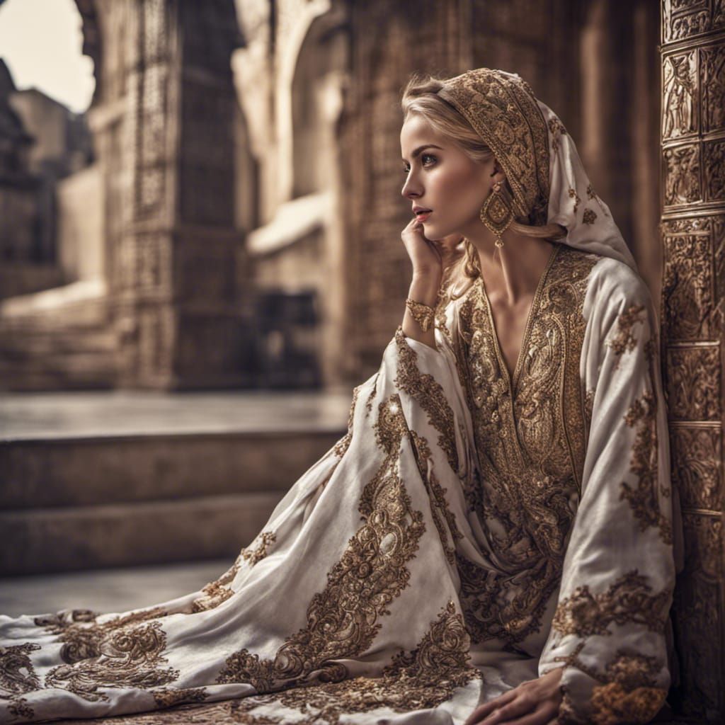 Blonde Princess in Moroccan Caftan: Hyperrealistic Detail