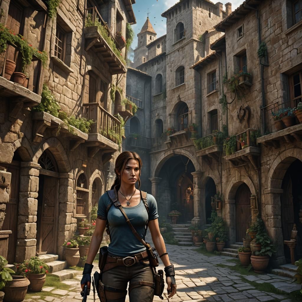 Lara Croft in Medieval Italian Village