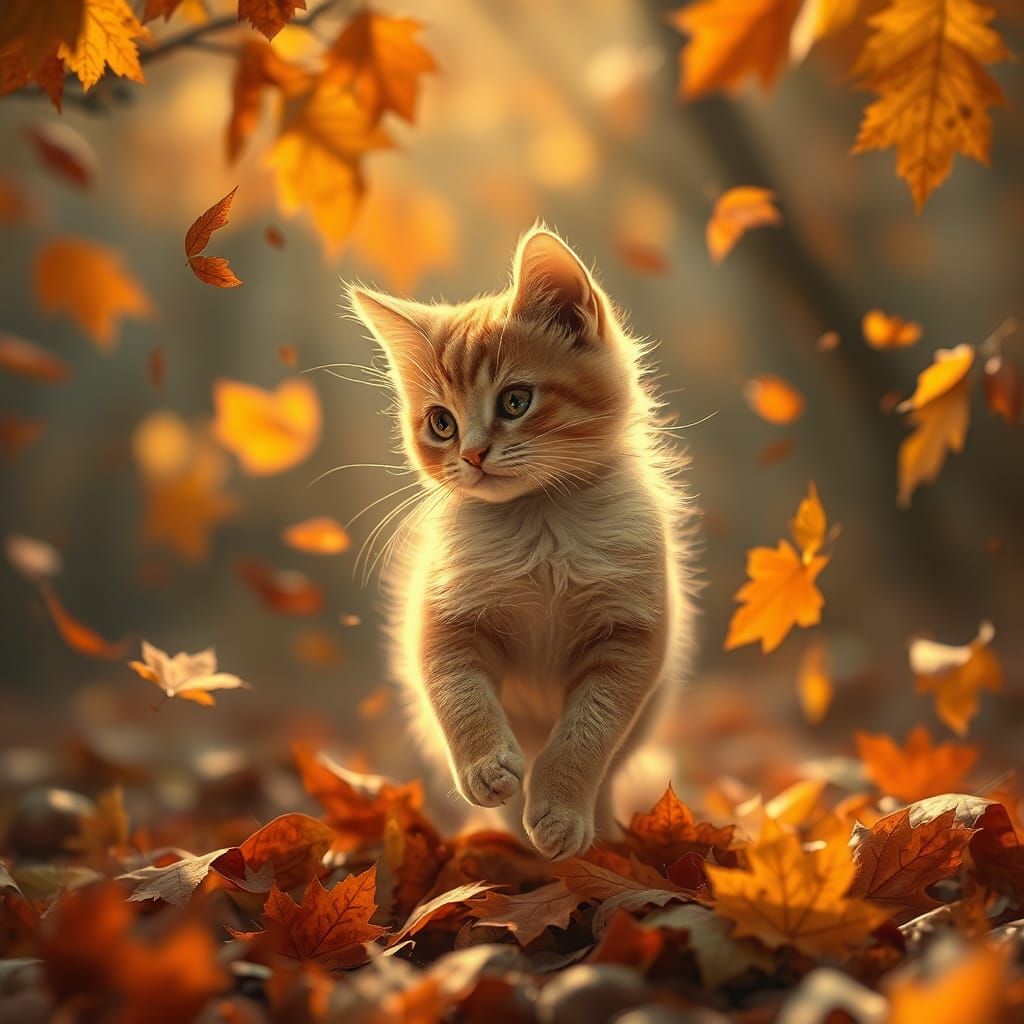 Fantasy Cat Playing in Autumn Leaves