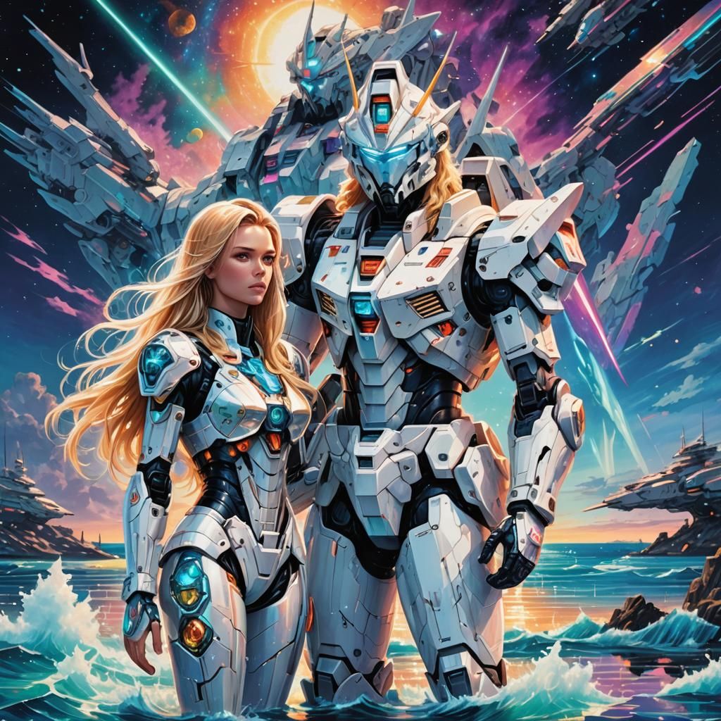 Cosmic Couple in Futuristic Armor with Mecha Robots