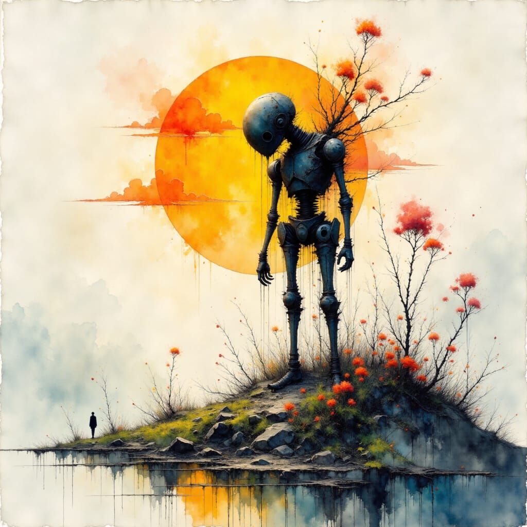 Weathered Giant Robot Sunrise Landscape in Charcoal and Wate...