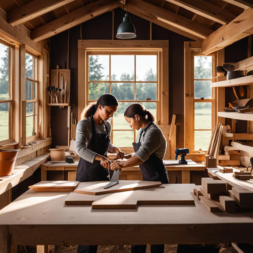Hyperrealistic Woman Building Cutting Boards in Shed Worksho...