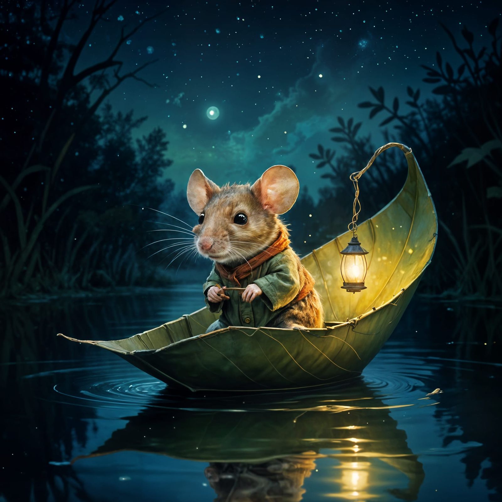 Mouse on Leaf Boat, Impressionist Style