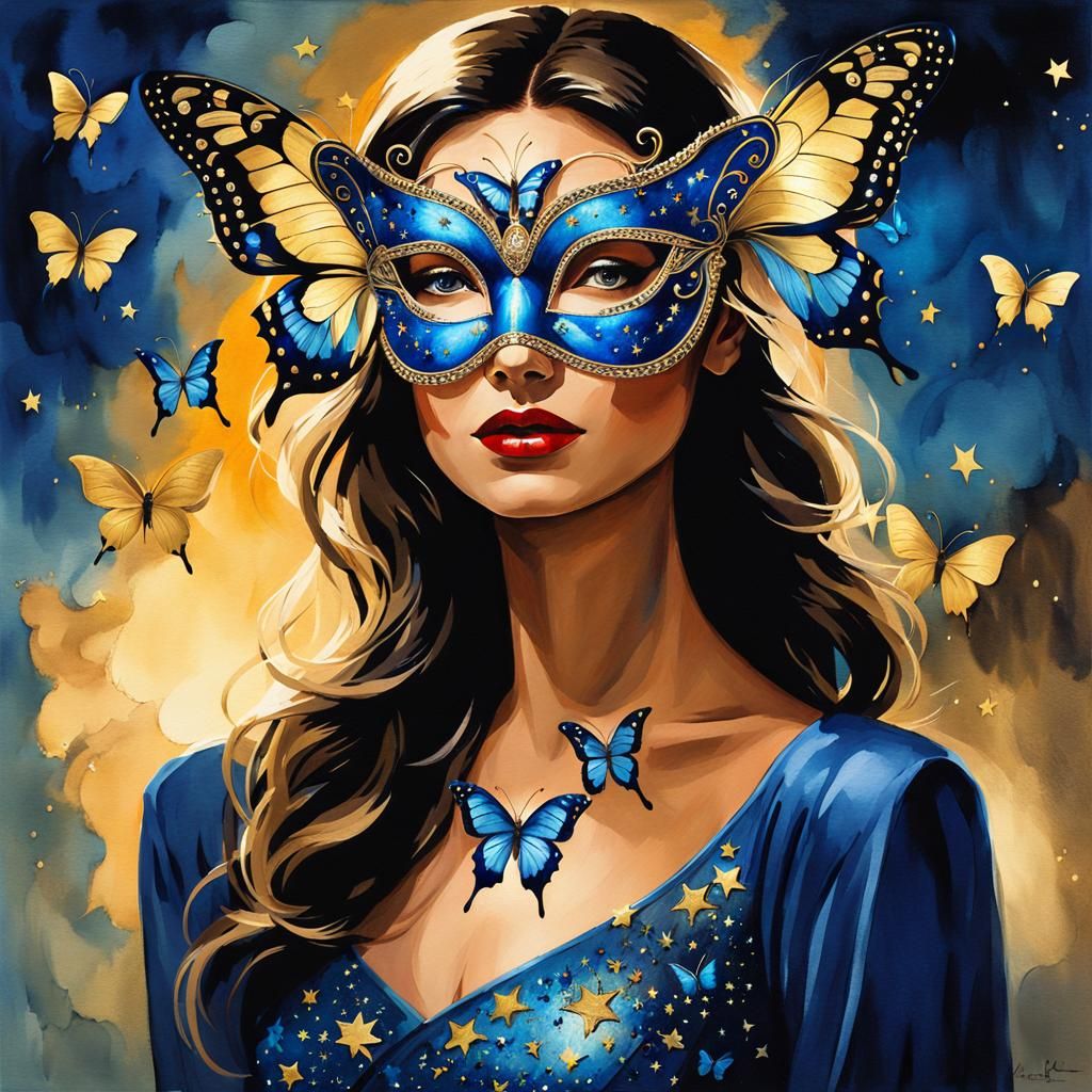 Butterfly Masquerade Portrait in Watercolor Style