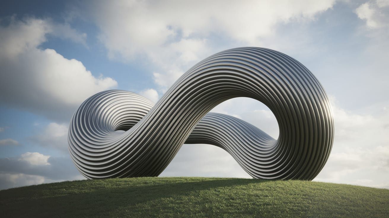 Twisting Metal Sculpture on a Serene Hillside
