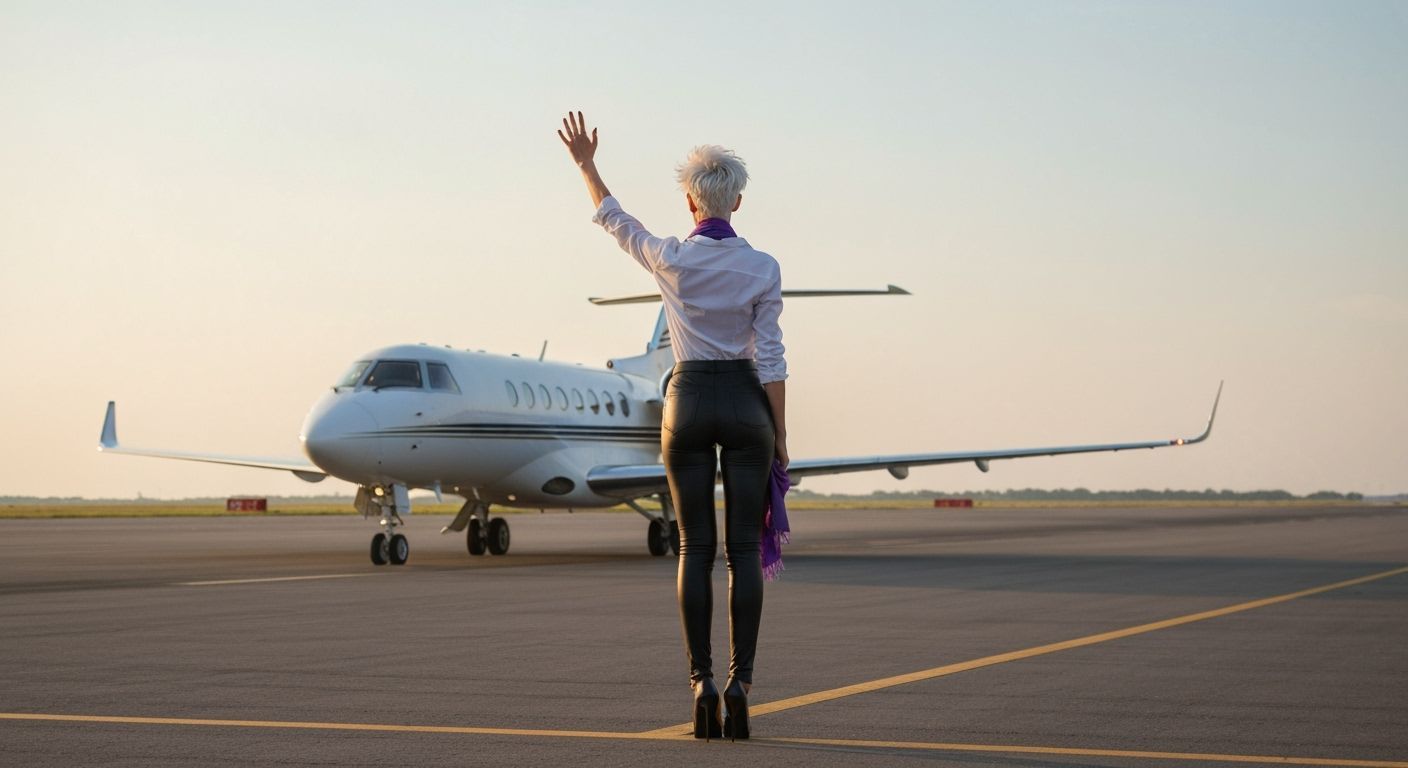 Woman Waves Goodbye to Private Jet at Golden Hour